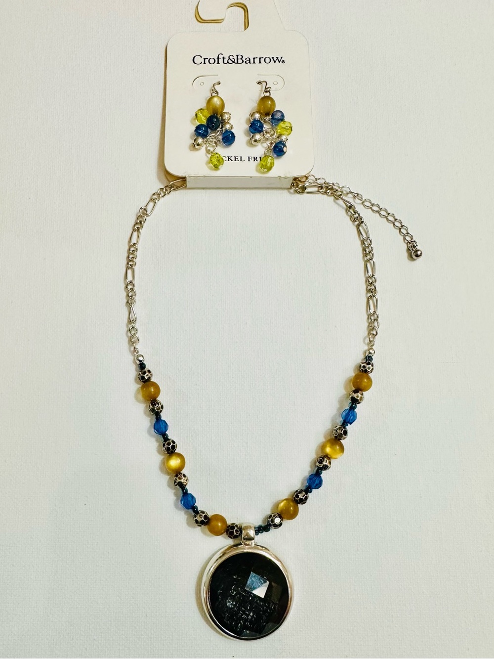 NWT Blue Green Beaded Pendant Necklace & Dangle Earrings Set 16-18”